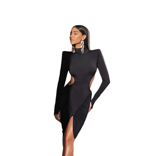 Nuevo vestido de manga larga con escote alto y cortes plisados de manga larga otoñal